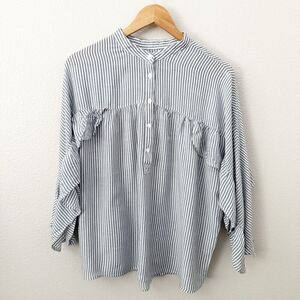 VELVET HEART | Blouse Top Shirt Blue White Striped Ruffle Button Front | Large